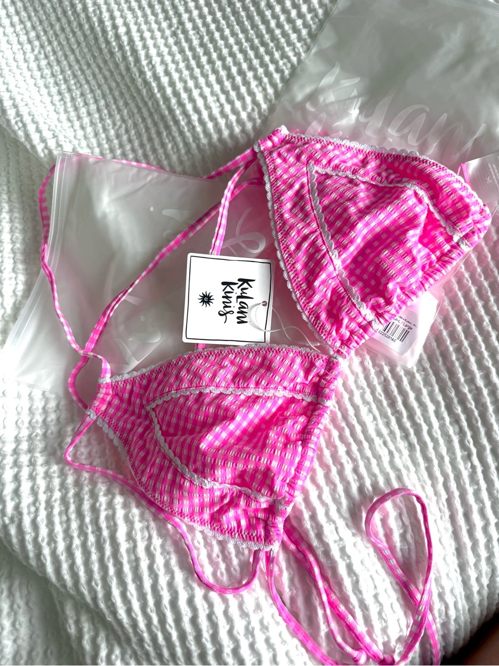 Kulani Kinis Pink Diva Gingham Halter Bikini Top Size L NWT - Picture 15 of 16
